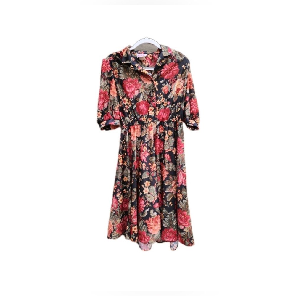Vintage 80s Dark Floral Midi Dress  Whimsigoth‎ Grandmacore Cottagecore Small